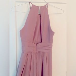 Dessy group high neck, long, sleeveless dusty rose formal dress